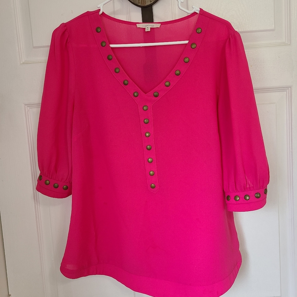 (471) 41 Hawthorne Woman's Short Sleeved Split Neck Blouse, Size: M Color: Pink
